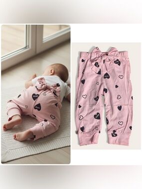 Pink Heart-Print Baby Pajama Pants with Bow